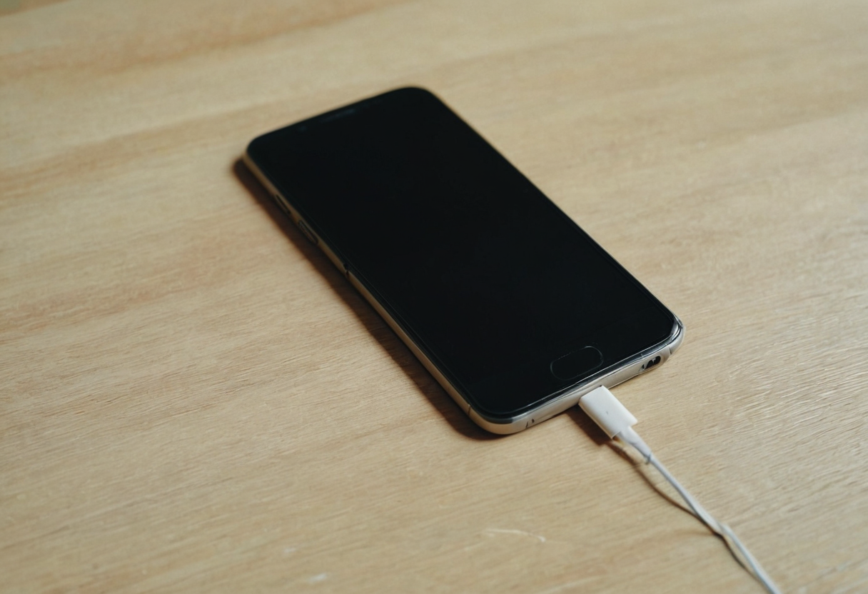A single dark-screen smartphone rests on a pale wood desk with a white cable at the lower edge and a clear surrounding surface.