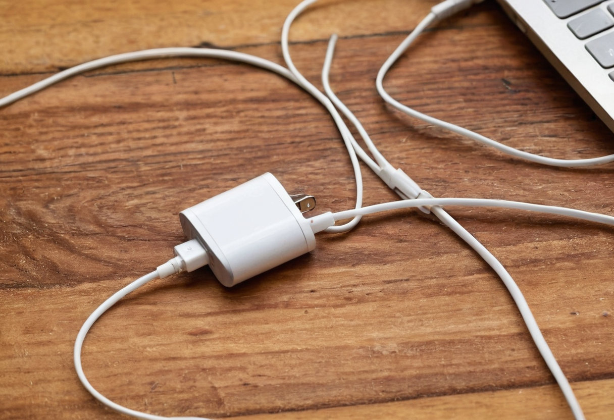 A small white power adapter lies unplugged on a wood desk alongside white cables and part of a laptop at the edge.