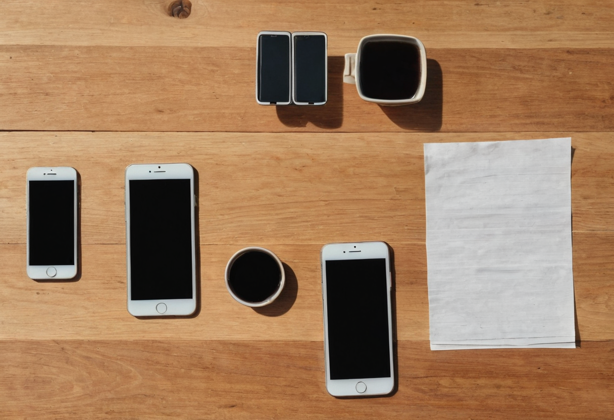 Top-down view of a wood table holding five dark-screen phones, two cups, and one blank sheet of paper with no visible cables.
