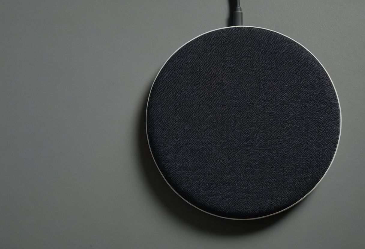 An empty round dark wireless charging pad sits on a gray desk with a cable and no phone or metal nearby.
