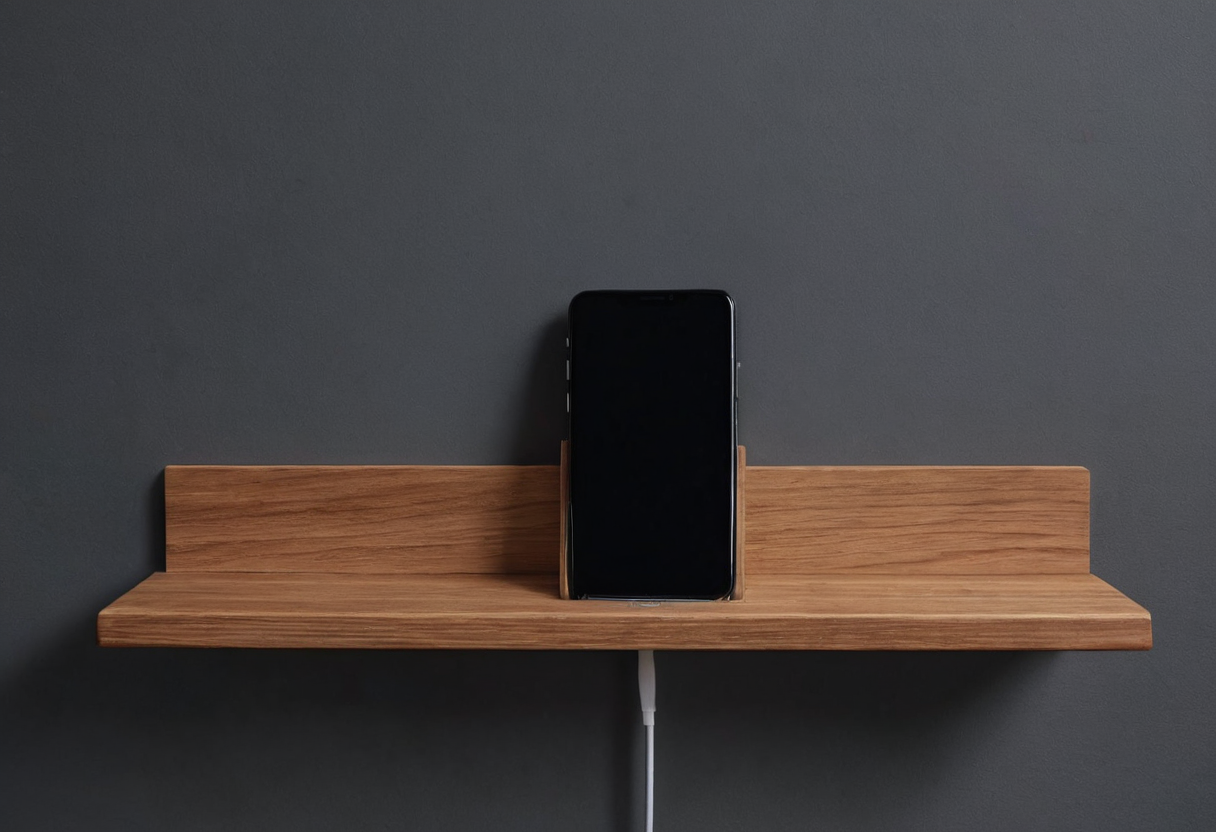 A dark-screen smartphone stands upright in a wooden wall shelf with a white cable hanging below the shelf and its connector not visible.