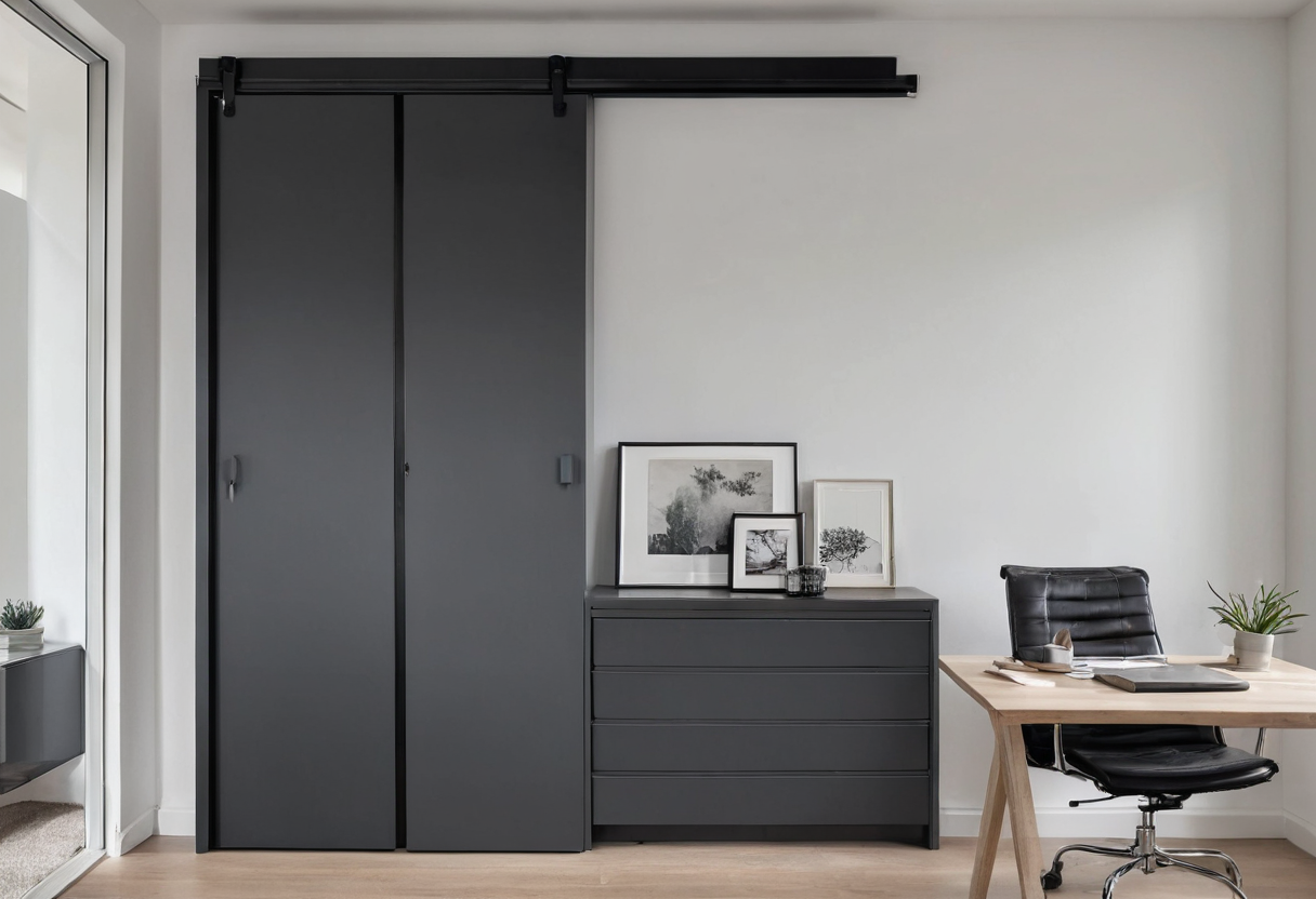 Tall dark sliding-door storage unit against a light wall beside a small office desk with both doors closed.