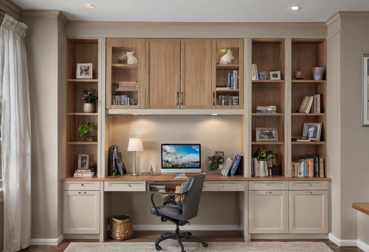 Built-in office wall unit featuring open bookshelves, upper central closed cupboards, lower closed cupboards, and a central desk with a chair.