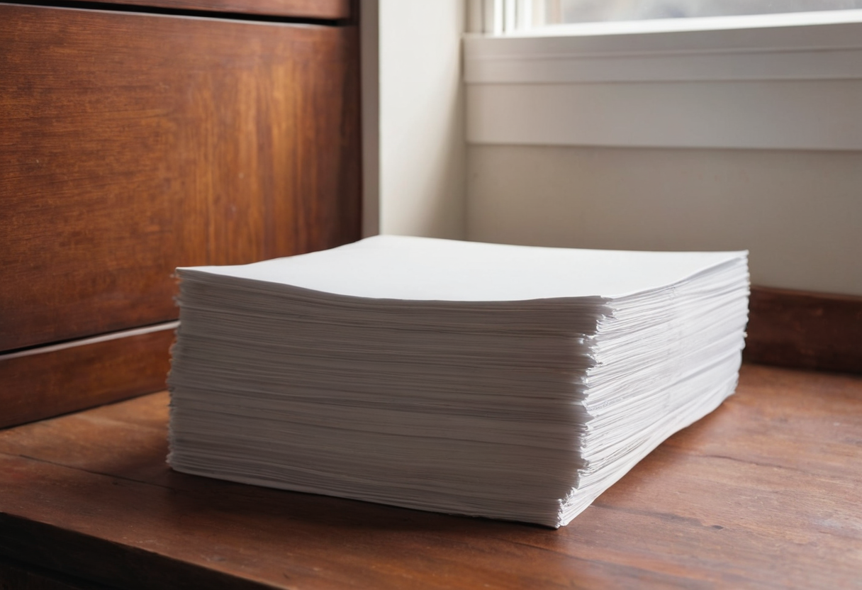 Thick stack of blank white paper resting on a wood desk near a darker wooden cabinet surface in daylight.