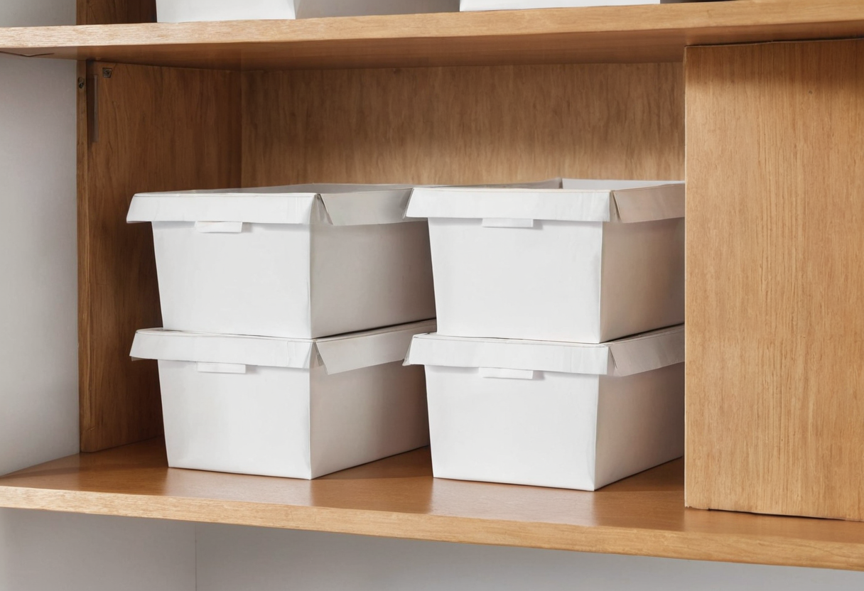 Four plain closed white storage boxes stacked on a sturdy wooden shelf with a sliding wood panel at the right and no visible contents.