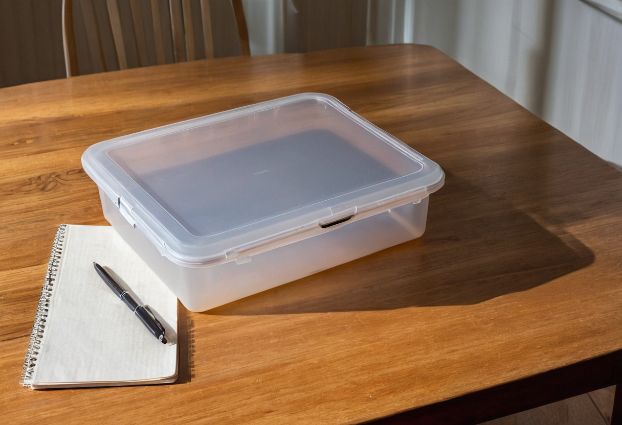 A shallow translucent lidded plastic box on a wooden table with a dark rectangular item faintly visible through the lid, alongside a spiral notebook and pen.