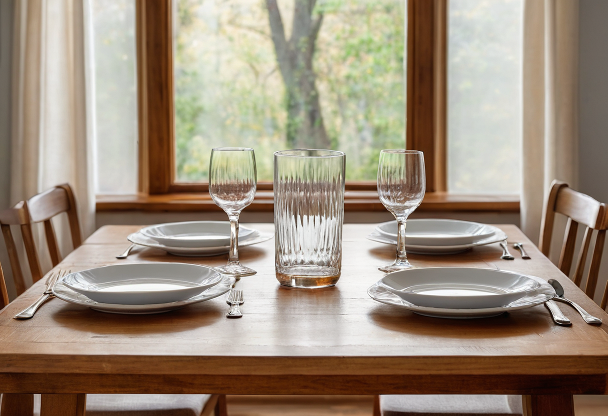 A wooden dining table set for four with white bowls or plates, cutlery, three stemmed glasses, and a central glass vessel, with no computer equipment visible.