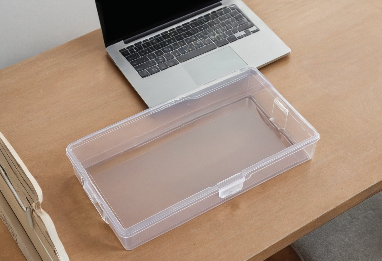 An open empty translucent plastic box sits on a wood table in front of an open silver laptop, with a notebook or papers at the left.
