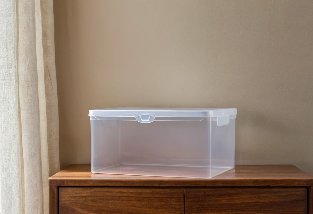 An empty translucent plastic lidded box rests on a low wooden cabinet against a beige wall, with a curtain at the left.