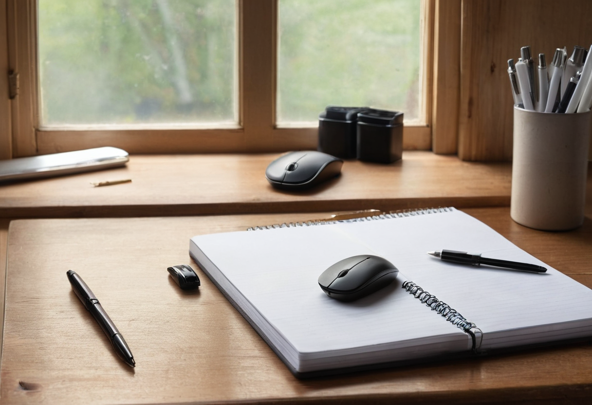 An open blank spiral notebook, two computer mice, several pens, and a pen holder are arranged on a wooden desk near a window, with no plastic box visible.