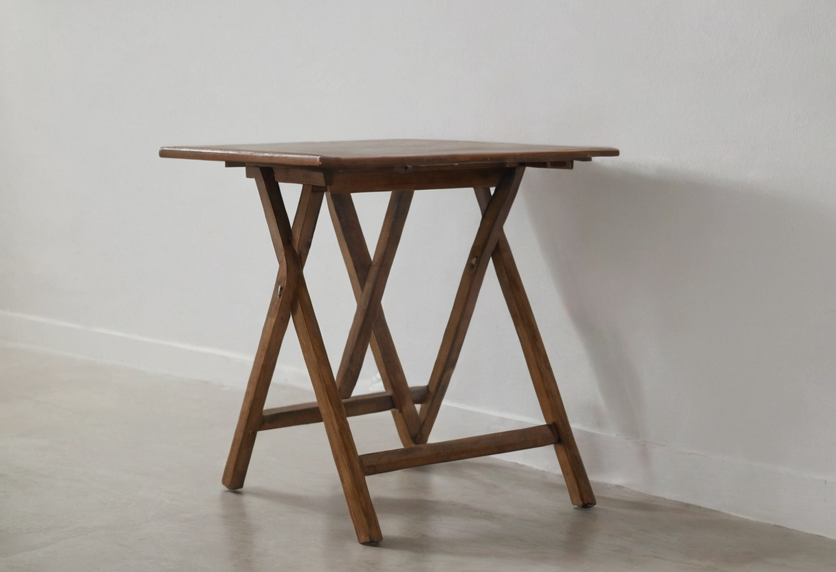 Small wooden table with crossed folding legs standing open near a blank wall, its top empty.