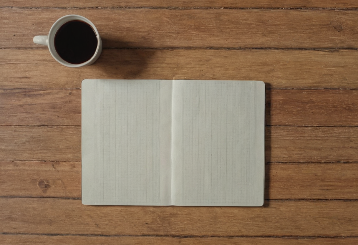 Overhead view of a blank open notebook and a cup of dark drink on a broad wooden tabletop.