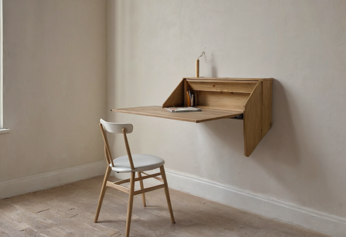 Shallow wooden wall-mounted desk open in a spare room with a chair below, small objects on the surface, and clear floor space in front.