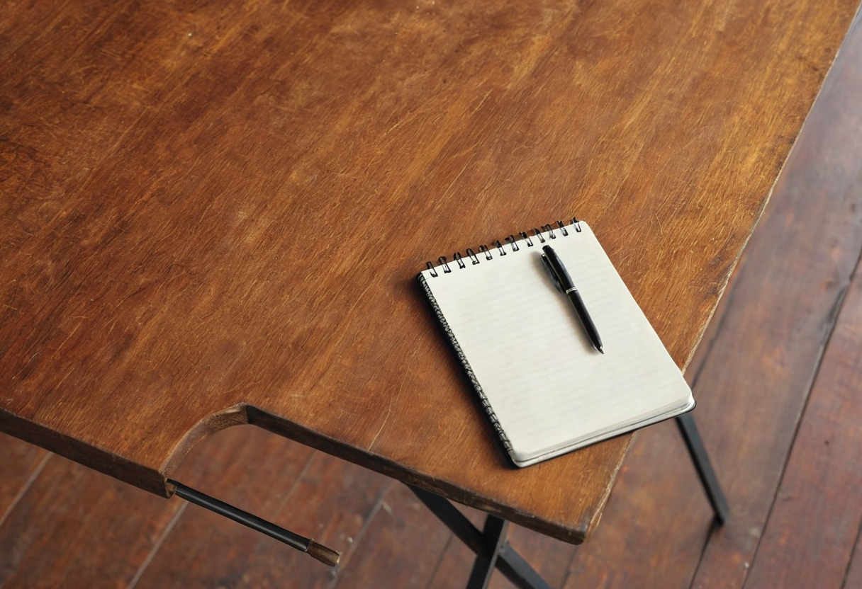 Close view of a blank spiral notebook and black pen on a wooden tabletop with one corner and a dark supporting leg visible.