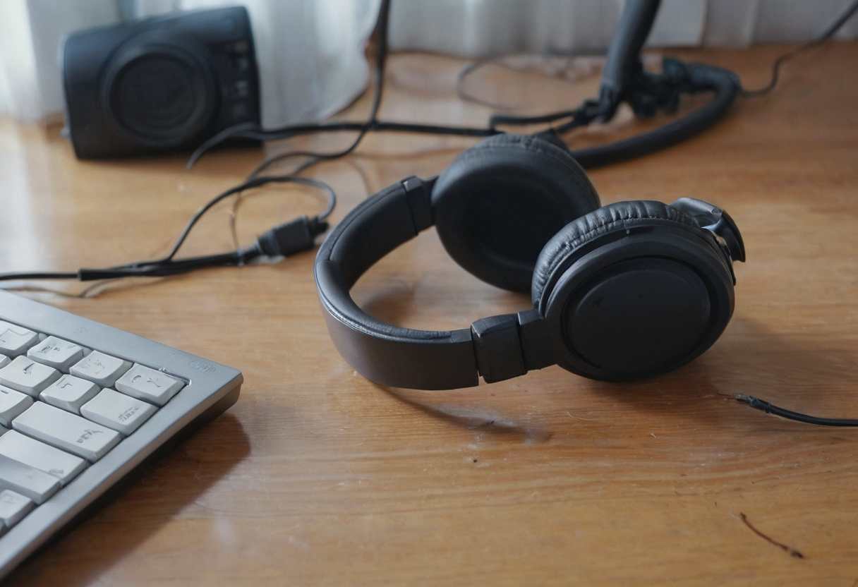 Black over-ear headset lying on a wooden tabletop next to the corner of a white keyboard, with loose cables and a dark speaker behind it.