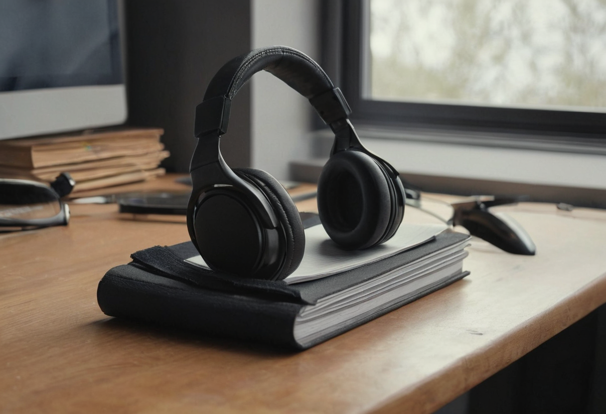 Black over-ear headset standing upright on a thick closed notebook on a wooden desk near a window, with part of a monitor visible.