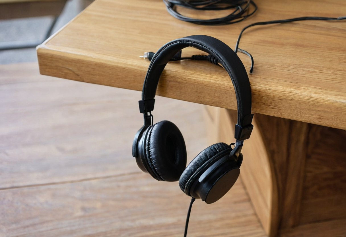 Black wired over-ear headset draped over the edge of a thick wooden desktop with earcups and cable hanging below and a loose plug on top.
