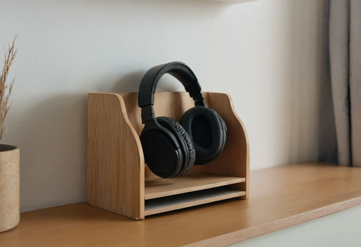 Black over-ear headset resting inside a light-wood desk organizer with two narrow lower slots, leaning against the rear panel.