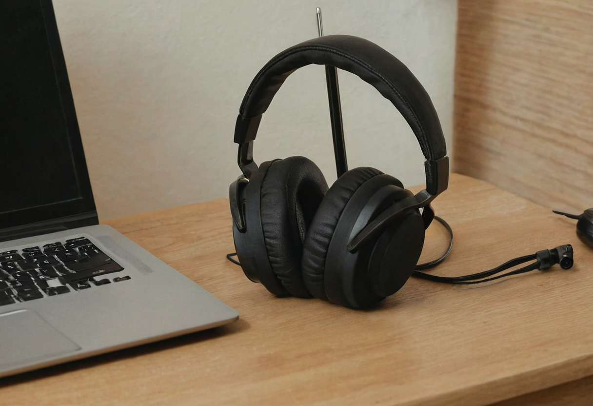 Black over-ear headset standing on a wooden desktop near a partially visible laptop, with a loose cable and plug to the right.