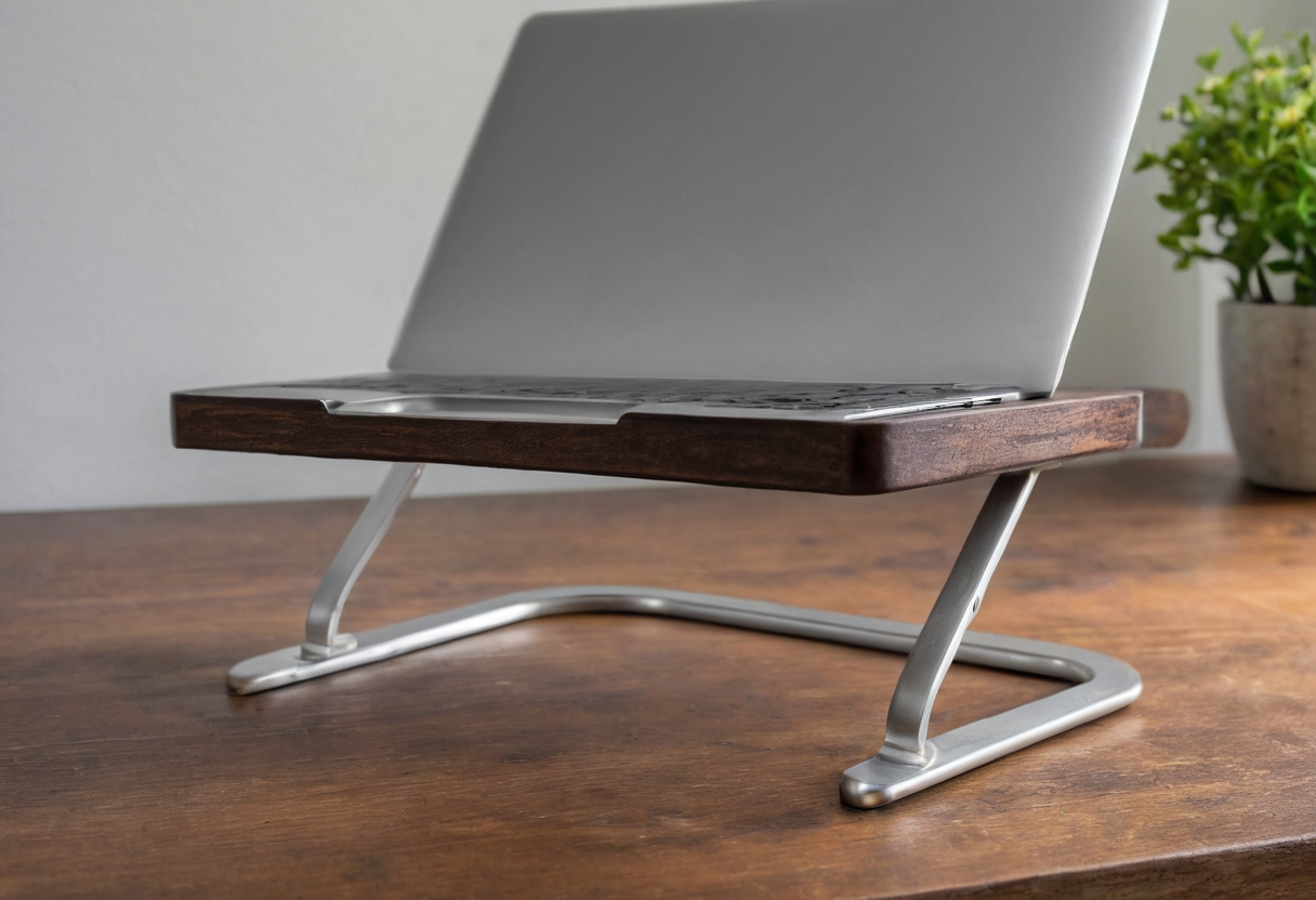 Open silver laptop resting on a raised dark wood platform supported by angled silver legs above a wooden desk.