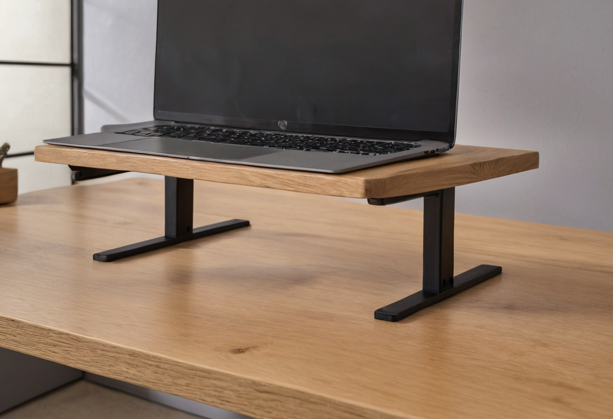 Open laptop with a dark screen resting on a raised light wood platform supported by black metal legs with feet touching an oak desk.