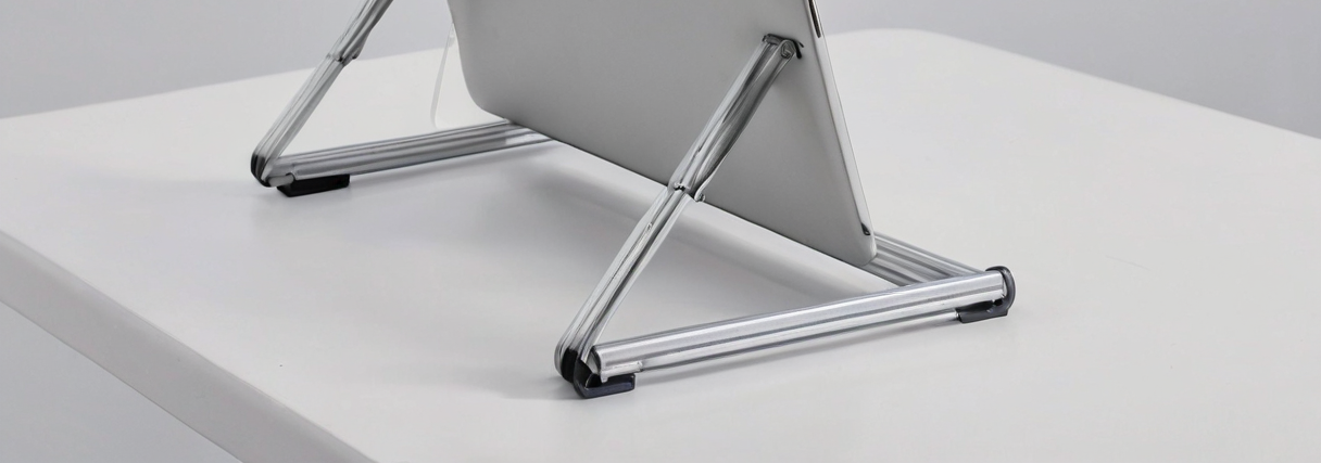 Cropped detail of two silver angled support frames and feet bracing an upright gray device on a white desk.