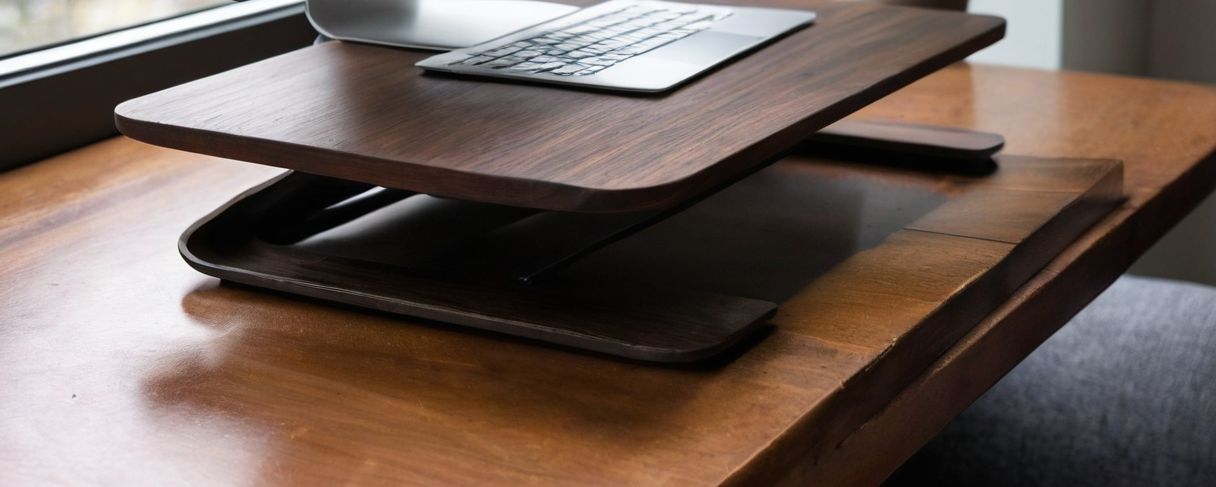 Cropped detail of a dark wood raised platform with its top projecting beyond the lower support base on a walnut desk, with a keyboard edge visible.