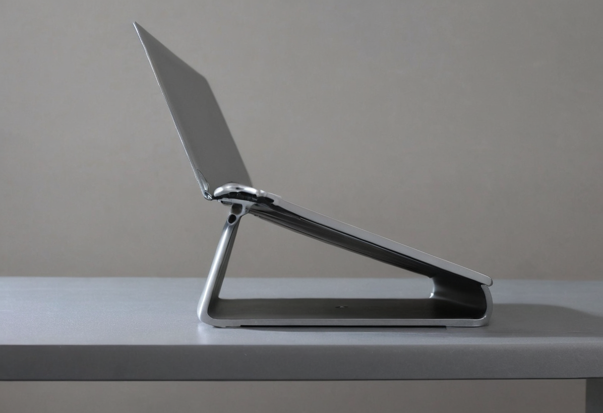 Clear side profile of an open gray laptop on a silver wedge stand, showing a low flat base, angled support, and an open gap above a gray desk.