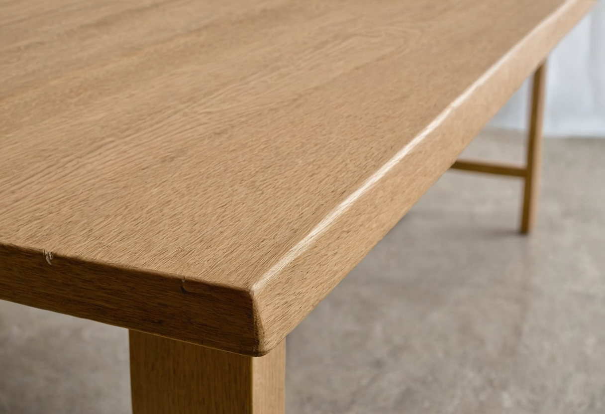 Close-up of a rounded oak desk corner showing a visibly thick edge.