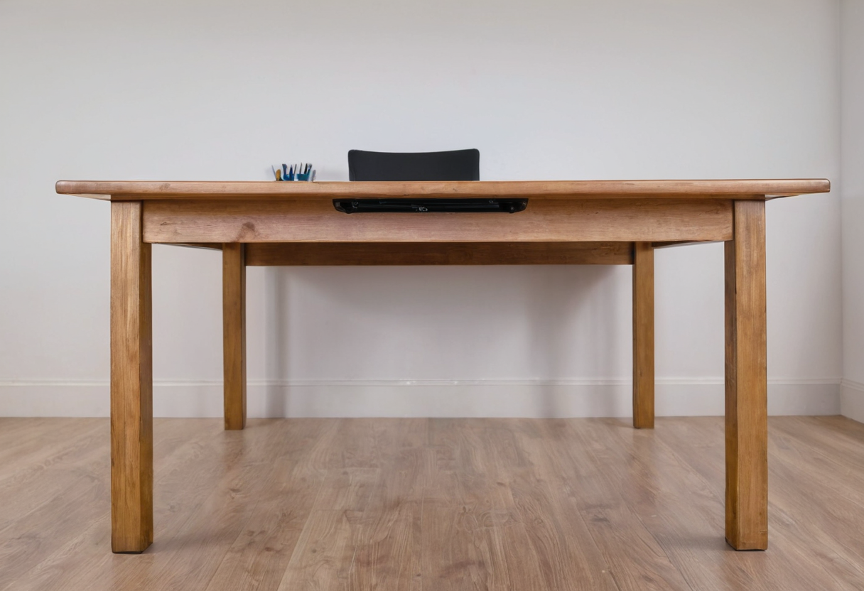 Front view of a plain wooden desk with a long apron below the desktop and open knee space.