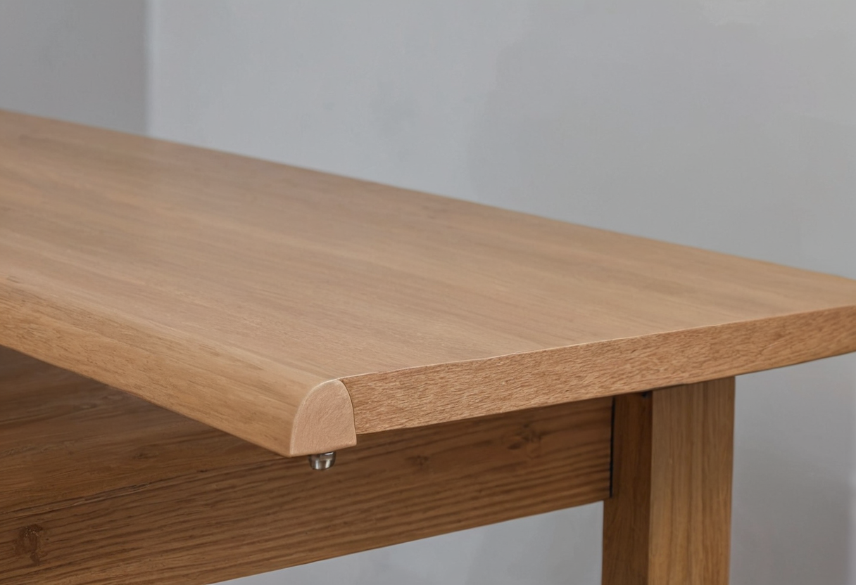 Close-up of a wood desktop edge with a horizontal support apron directly below it and a vertical leg nearby.