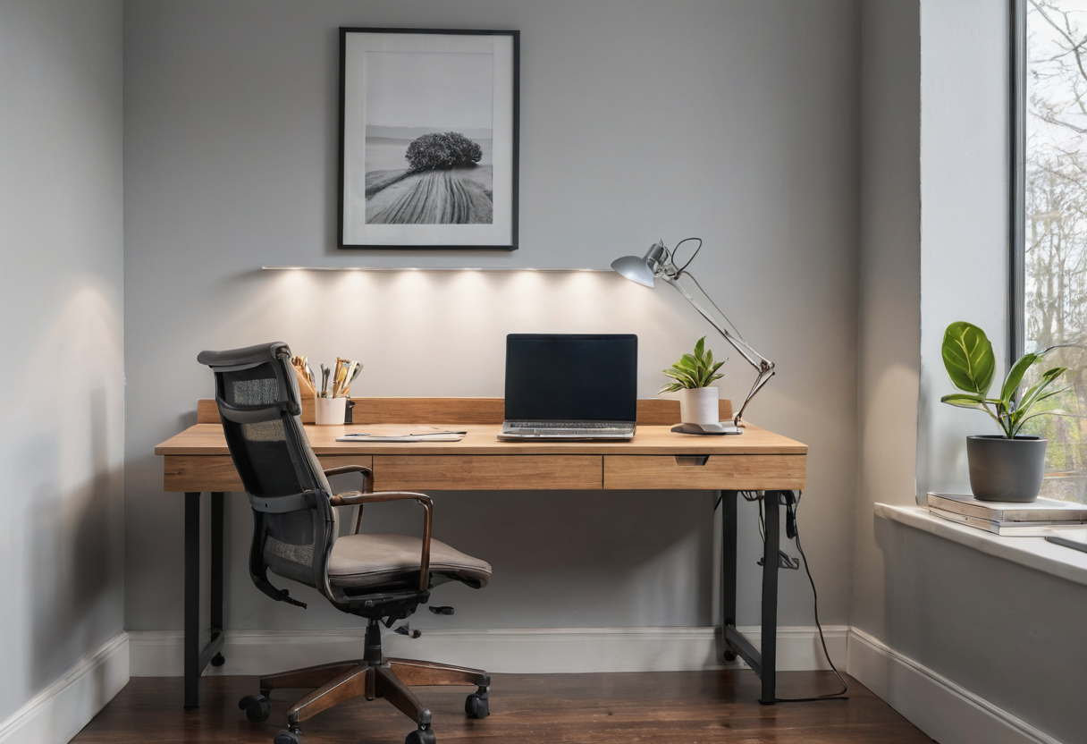 Home desk with an open dark-screen laptop on the surface, an angled task lamp at the right, a black chair, and a window in the background.