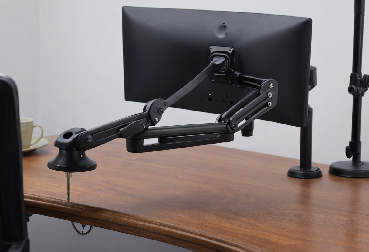 Back of a black monitor on articulated black arms with a threaded clamp rod passing down at the front edge of a wooden desk.