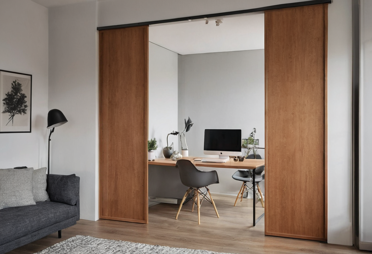 Two wooden sliding door panels frame an opening toward a desk with a monitor and two chairs, with a gray sofa at the left.