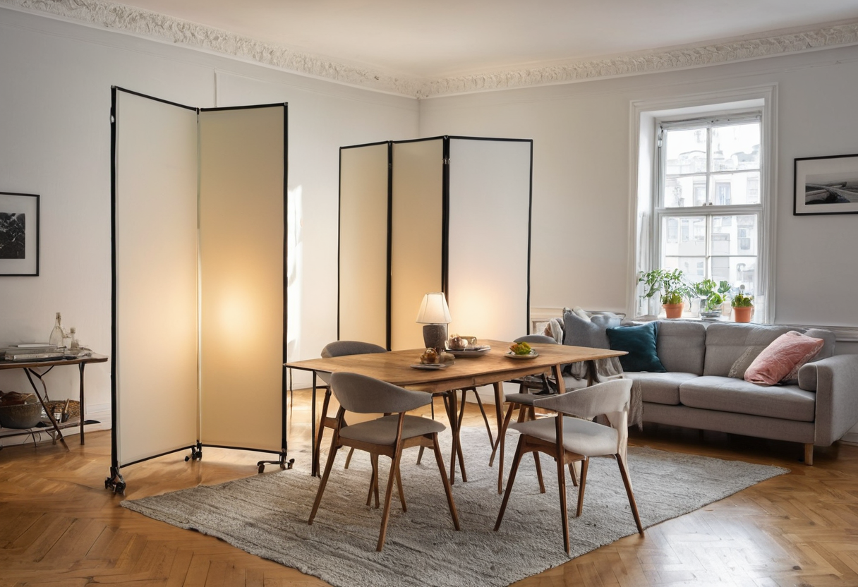 Two separate pale folding screens on wheeled bases stand beside a dining table and sofa in a bright room.