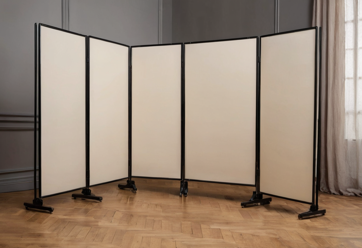 Five opaque light-colored panels joined by hinges form a freestanding wheeled screen across a wood floor, with no chair visible.