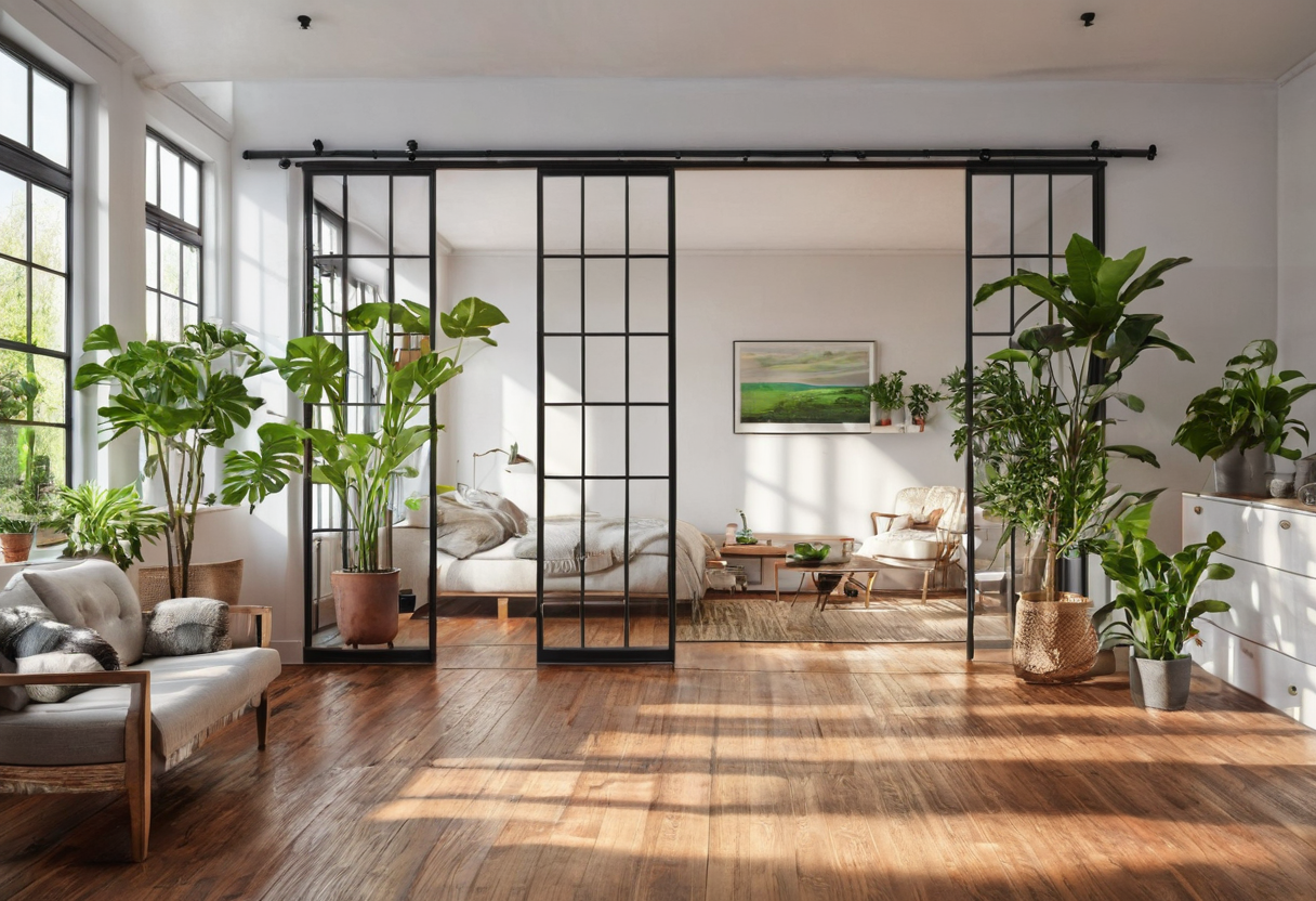 Black-framed glass panels hang from a long ceiling track across a sunny room, with a wide passage between the panels and plants nearby.