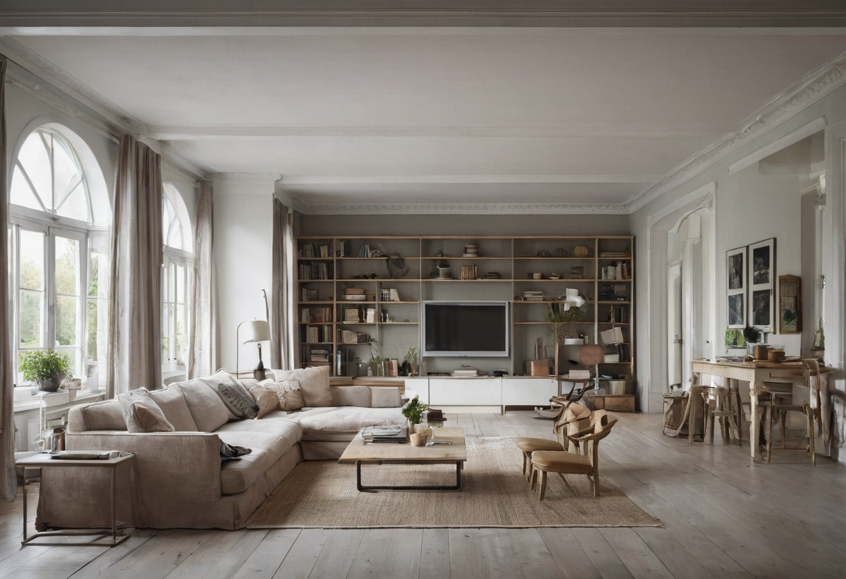 A broad living room with a sofa at the left, a dining or work table at the right, and wall bookshelves behind, with no freestanding divider visible.