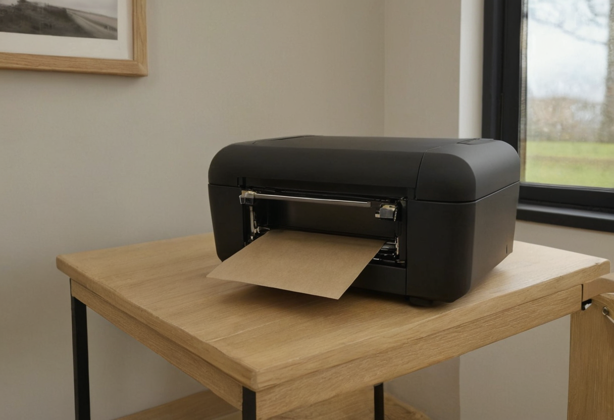 Dark desktop printer on a pale oak table beside a window, with one blank sheet extending from the front opening.