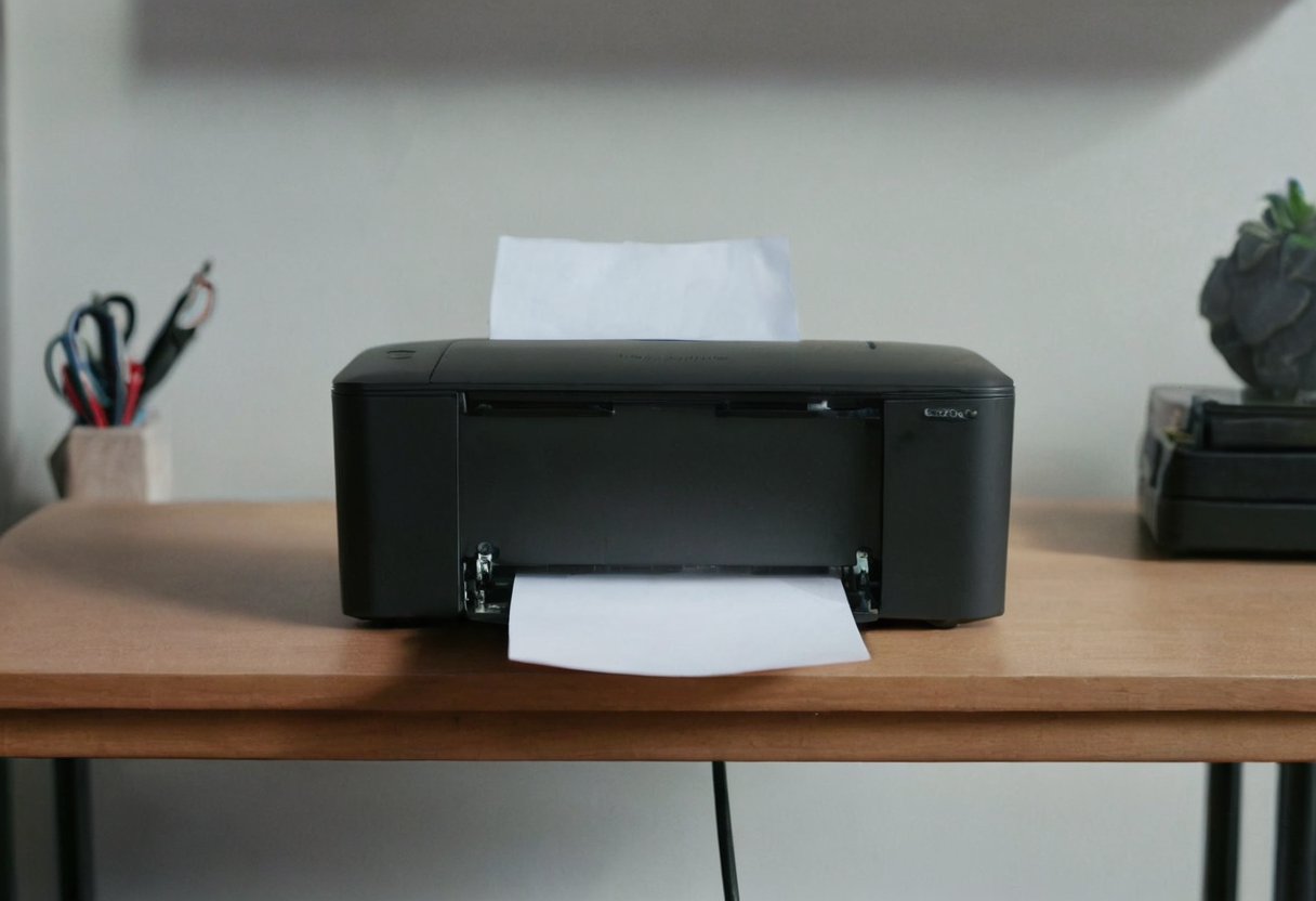 Dark desktop printer on a wooden table with one blank sheet at the front and another rising behind it, alongside small desk items.