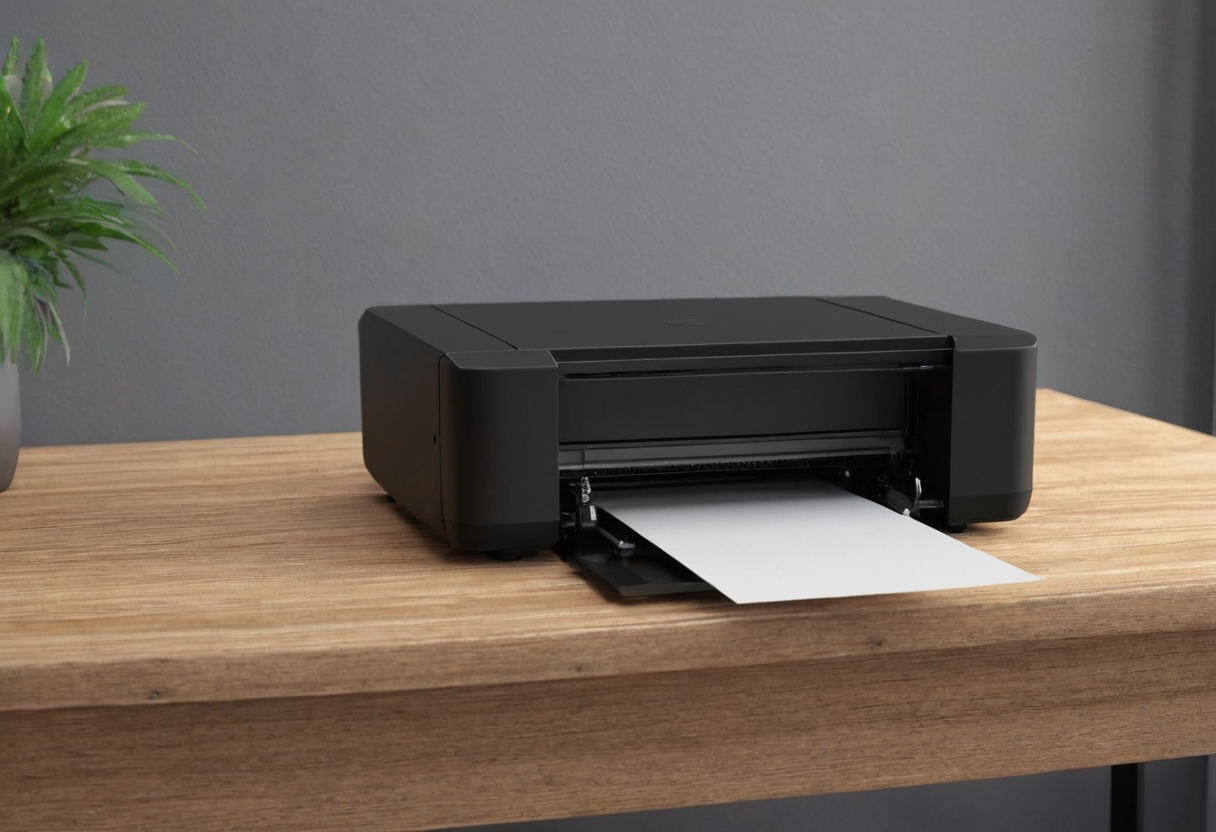 Dark printer on a wide wooden table with its front output flap open and one white blank sheet extending over the flap.