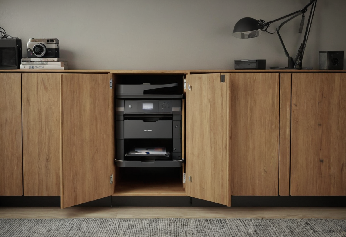 Dark printer inside an open central cabinet bay on a wooden shelf, with two cabinet doors open and clear floor space in front.