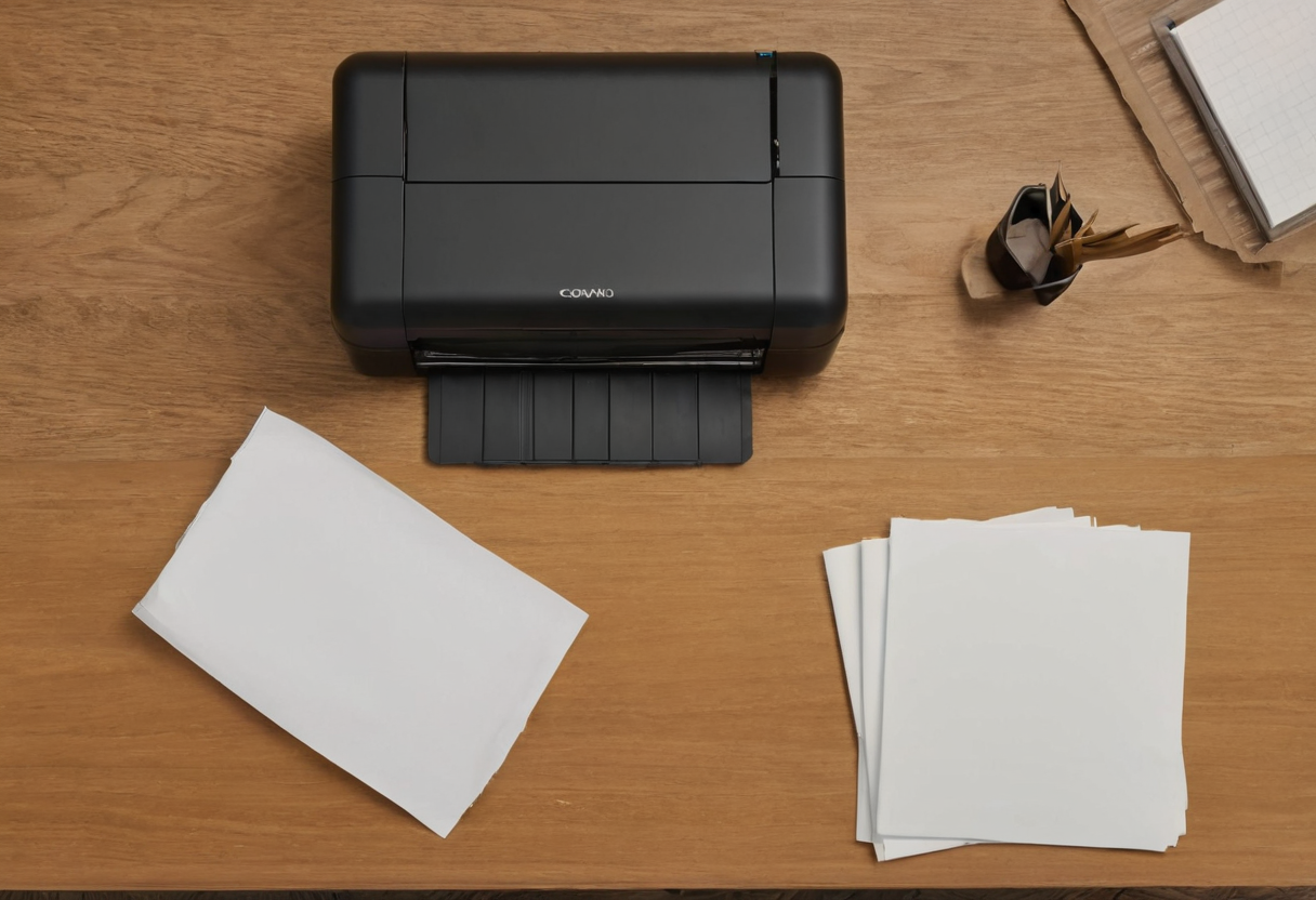 Overhead view of a small dark printer on a wooden worktop with its front tray open and two stacks of blank sheets nearby.