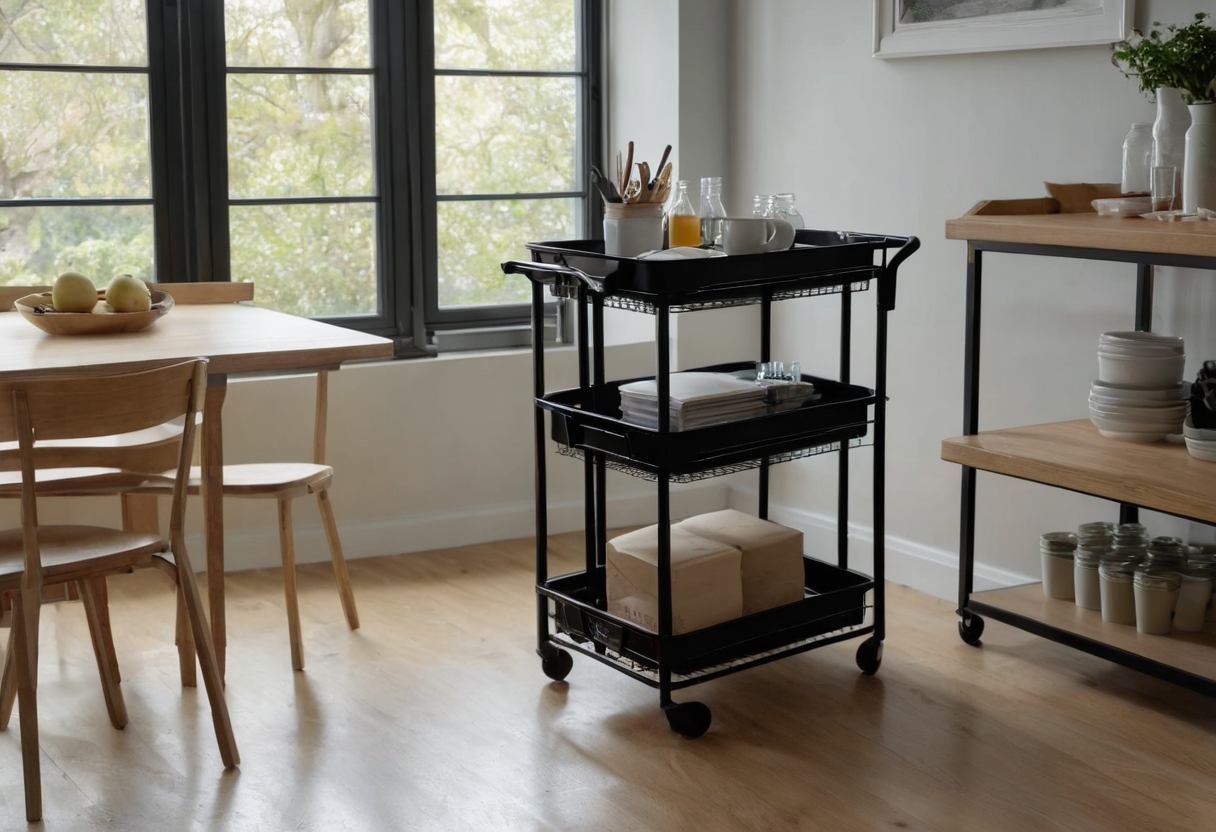 Black three-level rolling cart beside a wooden dining table and window, holding cups and small vessels on the top shelf, notebooks in the middle, and boxes on the bottom.