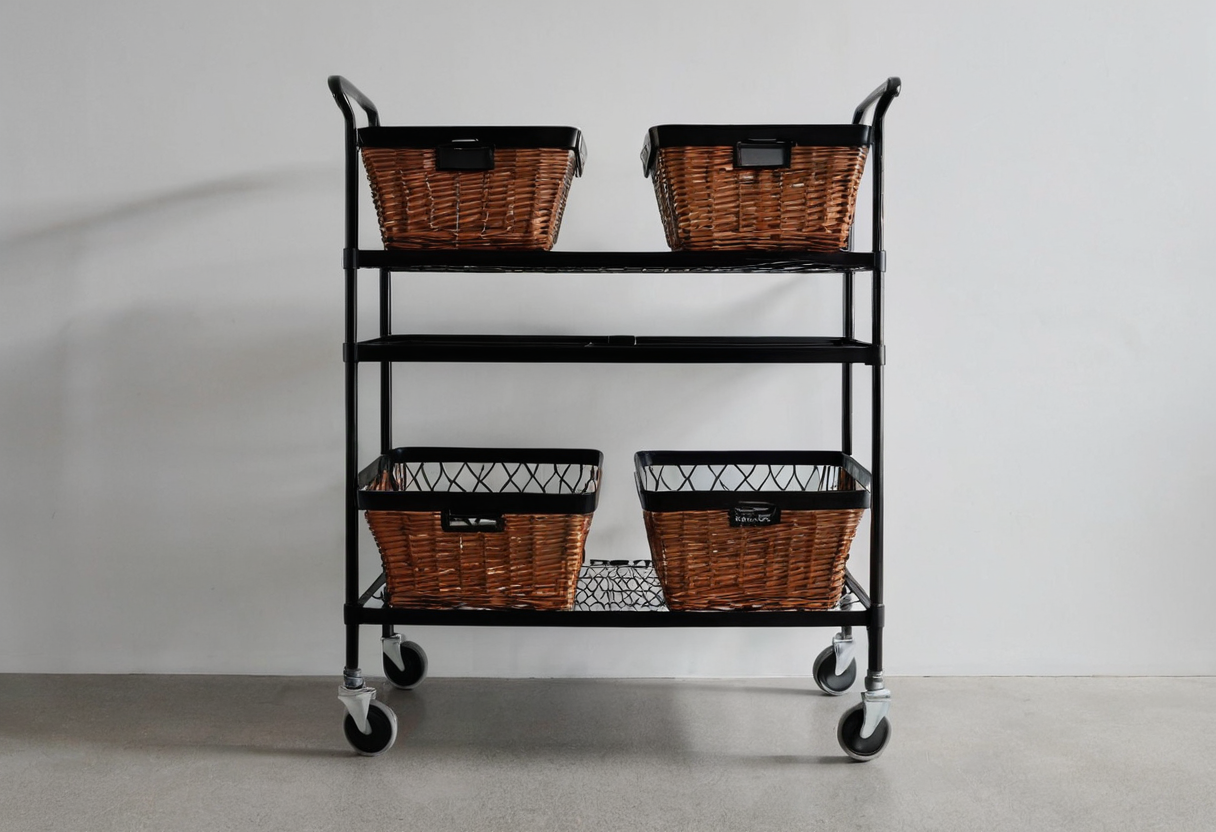 Black metal rolling cart with four casters against a white wall, containing four brown woven baskets.