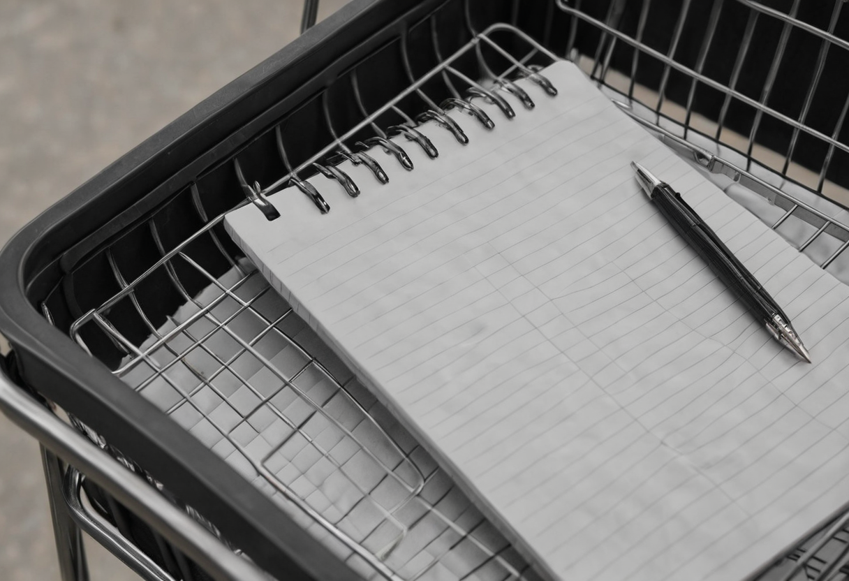 Close view inside a metal wire cart basket holding one blank spiral notebook and a black pen.