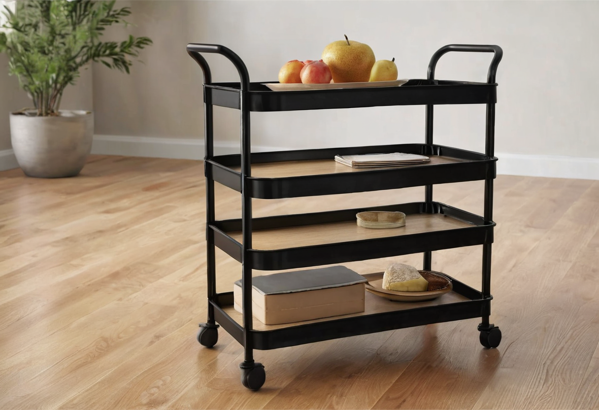 Black four-level rolling cart with casters on a wooden floor, holding fruit on the top level, and a notebook and boxes on the lower levels.