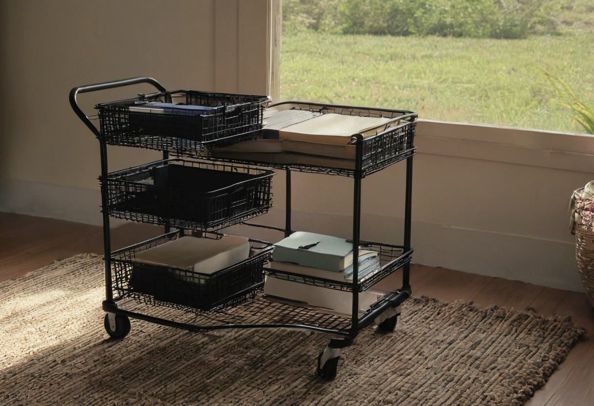 Black metal rolling cart with wire baskets and four casters on a woven rug by a window, containing notebooks and paper boxes.