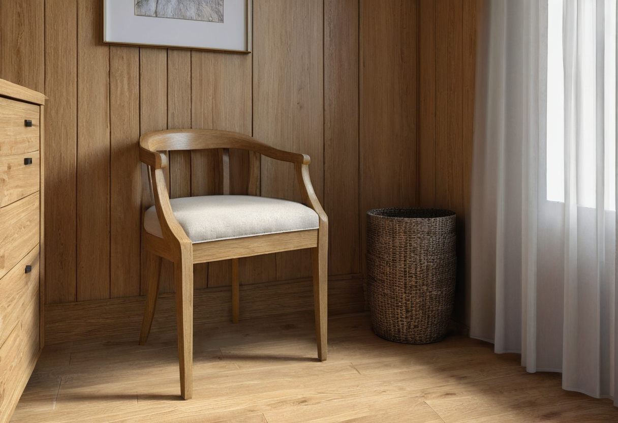 Wooden chair with pale upholstered seat in a wood-paneled corner beside a window and woven basket.