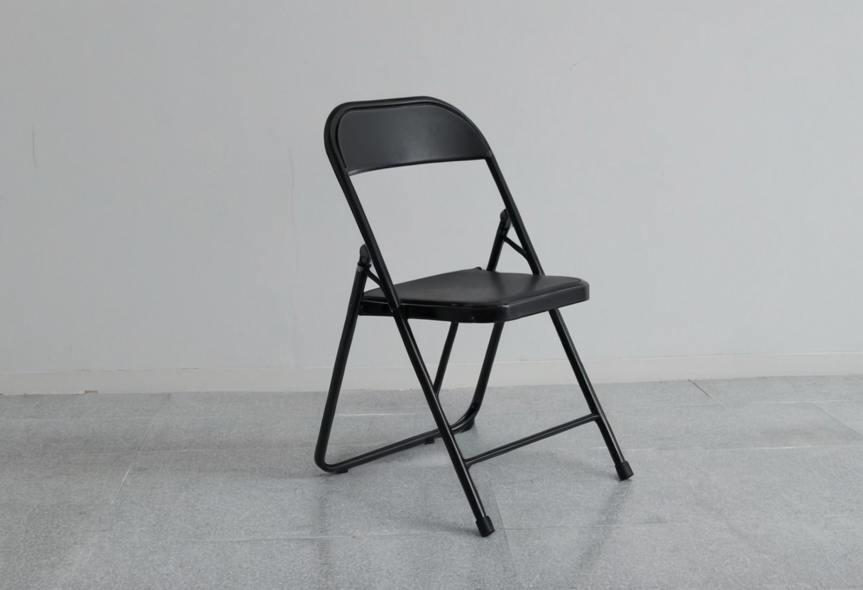 Black metal folding-style chair standing open against a plain white wall on a gray floor.